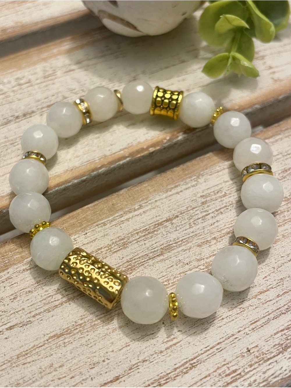 White Cream Quartz 10mm Stretch Gemstone Bracelet with Gold Accents